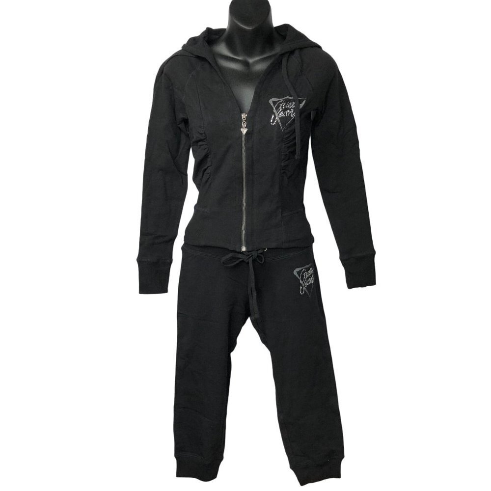 GUESS FULLZIP HOODED TOP & CAPRI Sweat PANTS SET XSM NWT - Picture 2 of 9